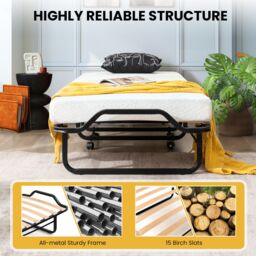 Gymax Folding Bed With Mattress Portable Guest Bed Cot With Wheels Wood Slats in White - thumbnail 6