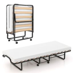 Gymax Folding Bed With Mattress Portable Guest Bed Cot With Wheels Wood Slats in White