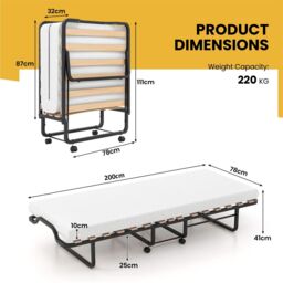 Gymax Folding Bed With Mattress Portable Guest Bed Cot With Wheels Wood Slats in White - thumbnail 2