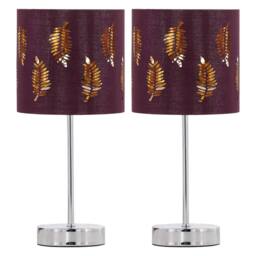 First Choice Lighting Set of 2 Chrome Stick Table Lamps with Burgundy Fern Cut Out Shade in Silver