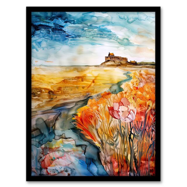 "Artery8 Colourful Watercolour Bamburgh Castle View Floral Framed Art Print in Orange - Size: W12"" x H16""" - image 1