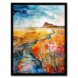 "Artery8 Colourful Watercolour Bamburgh Castle View Floral Framed Art Print in Orange - Size: W12"" x H16""" - thumbnail 1