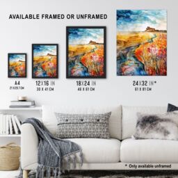 "Artery8 Colourful Watercolour Bamburgh Castle View Floral Framed Art Print in Orange - Size: W12"" x H16""" - thumbnail 3