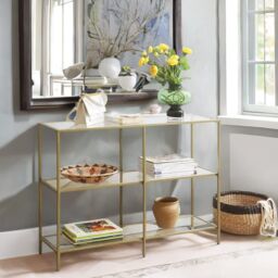 Rafaelo Mobilia Industrial Hallway Table With 3 Tempered Glass Shelves in Gold