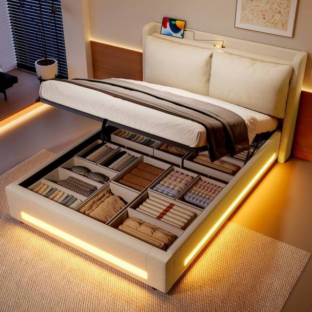 Matteo Modern Upholstered Bed with Hemp Headboard, Storage & LED Lighting in Beige - Size: Super King - image 1