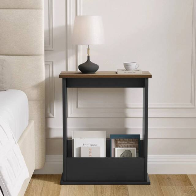 Havendro Walnut + Black Slim Side Table with Storage for Small Spaces - image 1