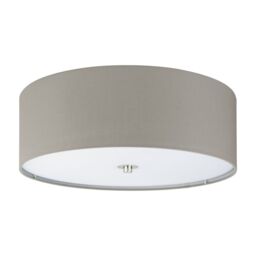 Loops Flush Ceiling Light Colour Satin Nickel Shade Taupe Fabric Glass Bulb E27 3x60W in Metallics