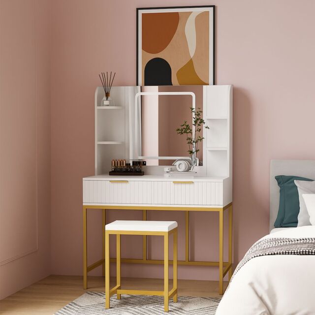 KOSY KOALA Dressing Table Set with LED Mirror, Side Shelves & Stool - White & Gold for Bedroom - image 1