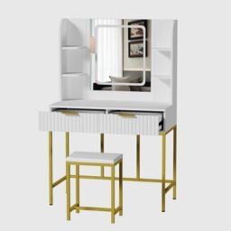 KOSY KOALA Dressing Table Set with LED Mirror, Side Shelves & Stool - White & Gold for Bedroom - thumbnail 5