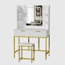 KOSY KOALA Dressing Table Set with LED Mirror, Side Shelves & Stool - White & Gold for Bedroom - thumbnail 4
