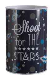 Orsina Large Money Tin, Metal Money Saving Box, Rocket-Themed Tin, Astro Design Metal Coin Tin, Cylindrical Money Safe in Blue