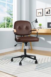 H&O Direct Leather Upholstered Metal Frame Office Chair with Wood Armrests in Brown - thumbnail 2