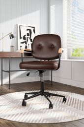 H&O Direct Leather Upholstered Metal Frame Office Chair with Wood Armrests in Brown