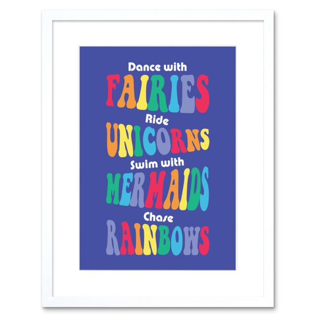 "Artery8 Wall Art Print Fairies Unicorns Mermaids Rainbows Framed in White - Size: W7"" x H9""" - image 1