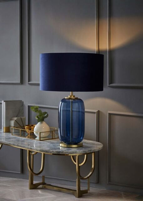 ValueLights Leigh Velvet Drum Shade with Navy Blue Glass & Gold Trim Table Lamp with Bulb - image 1