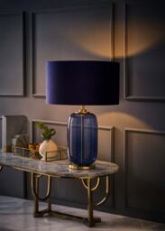 ValueLights Leigh Velvet Drum Shade with Navy Blue Glass & Gold Trim Table Lamp with Bulb - thumbnail 2