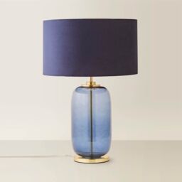 ValueLights Leigh Velvet Drum Shade with Navy Blue Glass & Gold Trim Table Lamp with Bulb - thumbnail 3