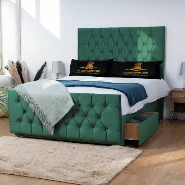 UK Bed Furniture Jublie Divan Bed with 2 Drawers Same Side & 26 Inch headboard in Green - Size: Super King - image 1