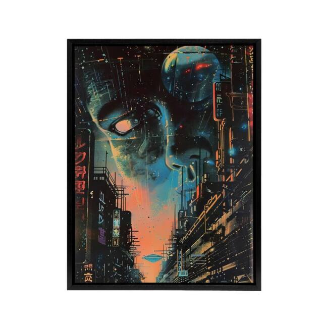 "Artery8 Japanese Sci Fi City Tokyo Japan Framed Canvas Wall Art Print in Blue - Size: W12"" x H16""" - image 1