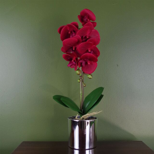 Leaf Artificial 46cm Orchid Red with Silver Pot - image 1