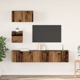 Berkfield Home Wall TV Cabinet with Shelf Wall-mounted with Storage with Door 4 pcs Old wood 80 x 30 x 30.5 cm in Brown - thumbnail 1