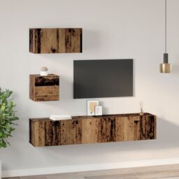 Berkfield Home Wall TV Cabinet with Shelf Wall-mounted with Storage with Door 4 pcs Old wood 80 x 30 x 30.5 cm in Brown - thumbnail 4