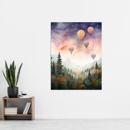 Artery8 Wall Art Print Hot Air Balloons Over Misty Forest Landscape Watercolour Painting Orange Green Purple Dreamy Dusk Sky Stars Kids Bedroom - thumbnail 2