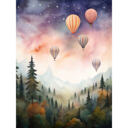 Artery8 Wall Art Print Hot Air Balloons Over Misty Forest Landscape Watercolour Painting Orange Green Purple Dreamy Dusk Sky Stars Kids Bedroom - thumbnail 1