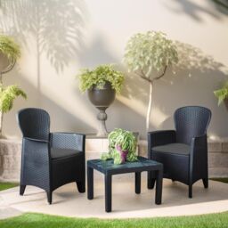 FURNOS Set of 3 Polyrattan Garden Bistro Furniture Set in Grey - thumbnail 4