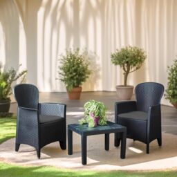 FURNOS Set of 3 Polyrattan Garden Bistro Furniture Set in Grey - thumbnail 3