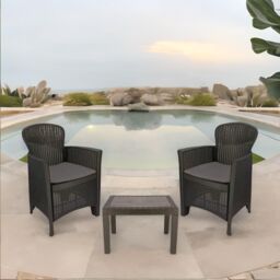 FURNOS Set of 3 Polyrattan Garden Bistro Furniture Set in Grey - thumbnail 2