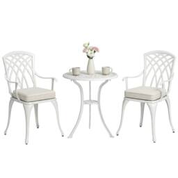 OUTSUNNY 3 PCs Aluminium Garden Coffee Table Set w/ Parasol Hole & Cushions in White - thumbnail 2
