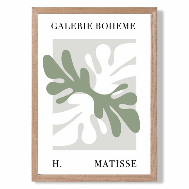 ARTZE Matisse Floral Cutout Sage Green Bohemian Framed Print SIZE: A4 with Oak Frame in Pale Green - Size: A3 - image 1