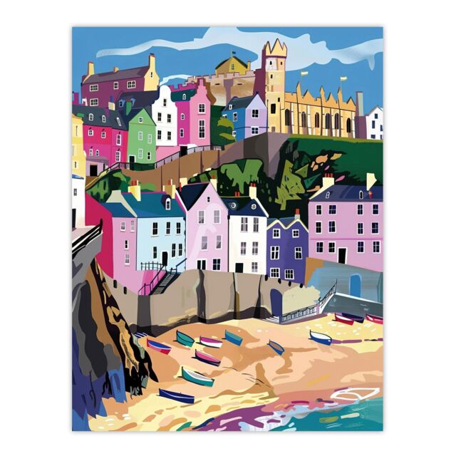 "Artery8 Tenby Harbour Beach Coastal Townscape Colourful Wall Art Print - Size: W24"" x H32""" - image 1