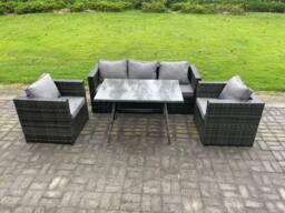 Fimous Wicker PE Rattan Outdoor Furniture Garden Dining Set with Lounge Sofa Oblong Dining Table 2 Armchairs in Dark Grey - thumbnail 1