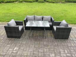 Fimous Wicker PE Rattan Outdoor Furniture Garden Dining Set with Lounge Sofa Oblong Dining Table 2 Armchairs in Dark Grey - thumbnail 2