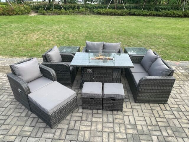 Fimous 9 Seater Rattan Garden Furniture Set Propane Gas Fire Pit Table & Sofa Chair set with 3 Footstool 2 Side Tables in Dark Grey - image 1