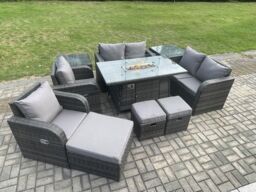 Fimous 9 Seater Rattan Garden Furniture Set Propane Gas Fire Pit Table & Sofa Chair set with 3 Footstool 2 Side Tables in Dark Grey - thumbnail 3