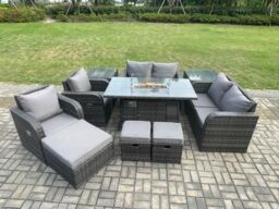 Fimous 9 Seater Rattan Garden Furniture Set Propane Gas Fire Pit Table & Sofa Chair set with 3 Footstool 2 Side Tables in Dark Grey - thumbnail 1