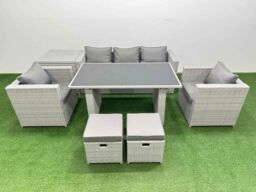 Fimous Patio Garden Furniture Sets with Dining Table Side Table 2 Small Stool in Light Grey - thumbnail 2