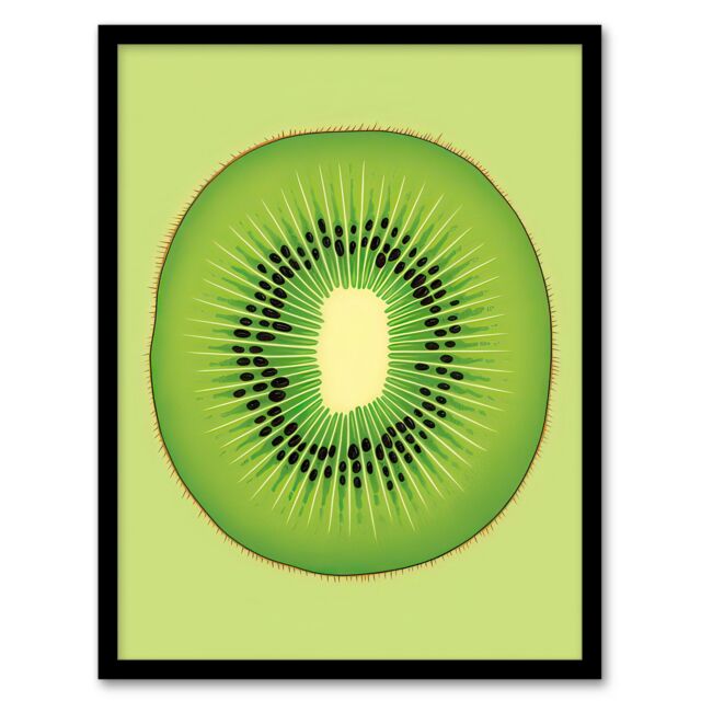 Artery8 Wall Art Print Kiwi Fruit Slice Bright Graphic Kitchen Artwork Framed in Green - Size: A4 - image 1