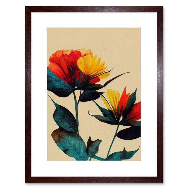 "Artery8 Wall Art Print Botanical Bold Flowering Yellow Red Teal Artwork Framed 9X7 Inch in Brown - Size: W7"" x H9""" - image 1