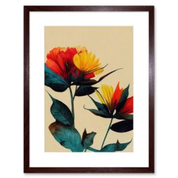 "Artery8 Wall Art Print Botanical Bold Flowering Yellow Red Teal Artwork Framed 9X7 Inch in Brown - Size: W7"" x H9""" - thumbnail 1