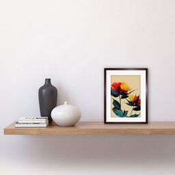"Artery8 Wall Art Print Botanical Bold Flowering Yellow Red Teal Artwork Framed 9X7 Inch in Brown - Size: W7"" x H9""" - thumbnail 2