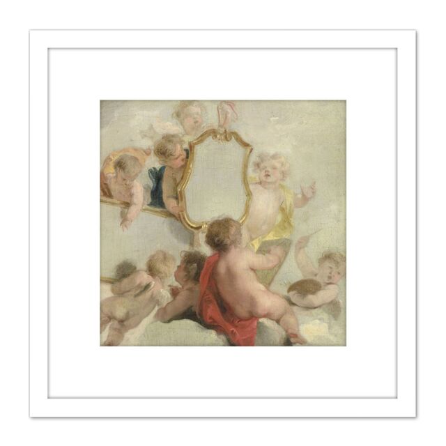Artery8 De Wit Putti With Mirrors Cherub Babies Painting 8X8 Inch Square Wooden Framed Wall Art Print Picture with Mount in White - image 1