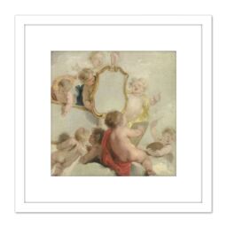 Artery8 De Wit Putti With Mirrors Cherub Babies Painting 8X8 Inch Square Wooden Framed Wall Art Print Picture with Mount in White - thumbnail 1