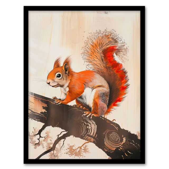 "Artery8 Red Squirrel on Tree Branch Painting Drawing Framed Art Print in Brown - Size: W12"" x H16""" - image 1