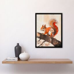 "Artery8 Red Squirrel on Tree Branch Painting Drawing Framed Art Print in Brown - Size: W12"" x H16""" - thumbnail 4