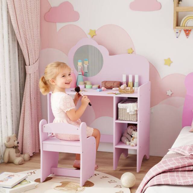 AIYAPLAY Kids Dressing Table with Mirror, Stool, Vanity Table, Light Purple - image 1