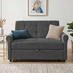 BTM Convertible Sleeper Loveseat Pull Out Sofa Storage Pocket in Dark Grey - thumbnail 6